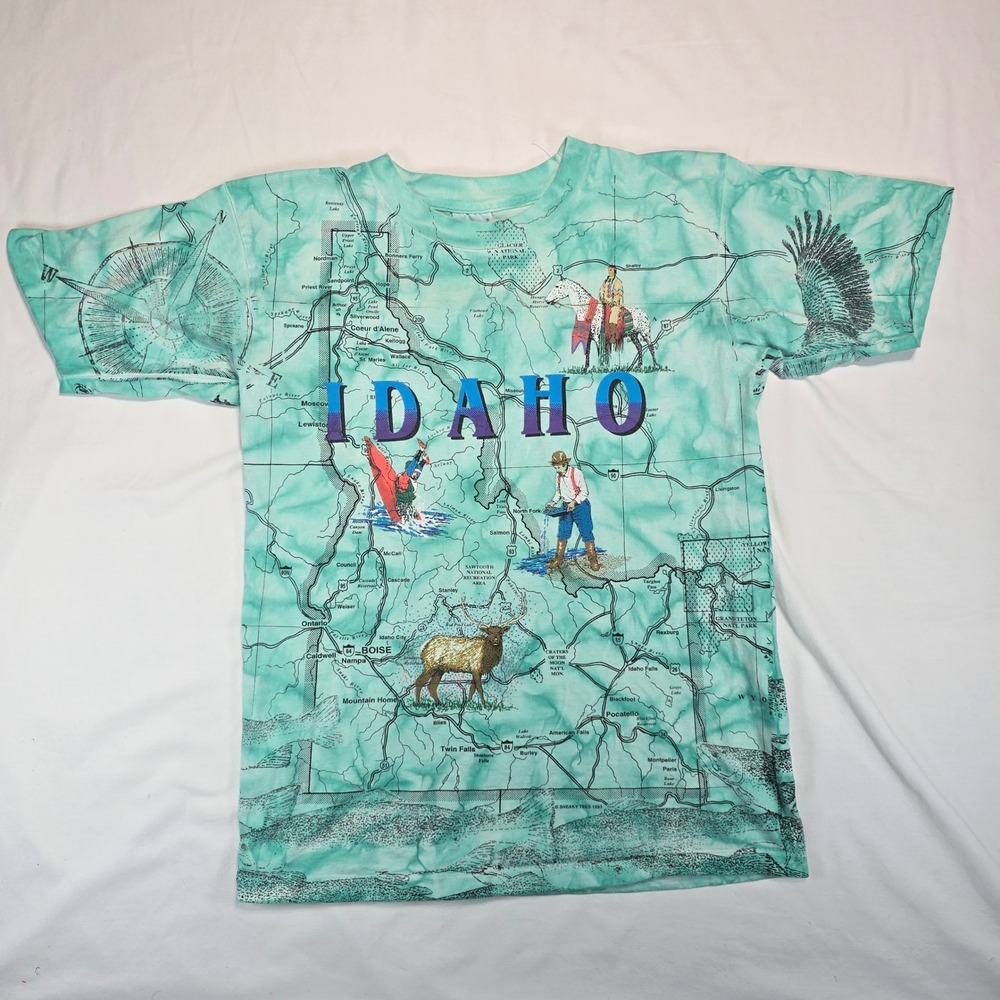 Vintage 1993 Sneaky Tees Idaho State Map All Over Print Tie Dye T-Shirt Mens M